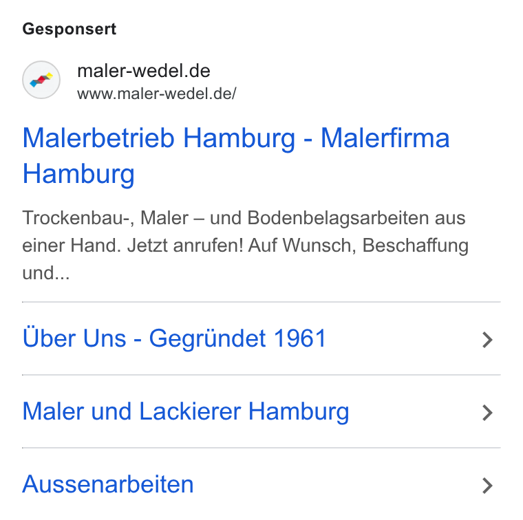 Echte Google-Anzeige eines Kunden: Malerbetrieb Hamburg, Malerfirma Hamburg