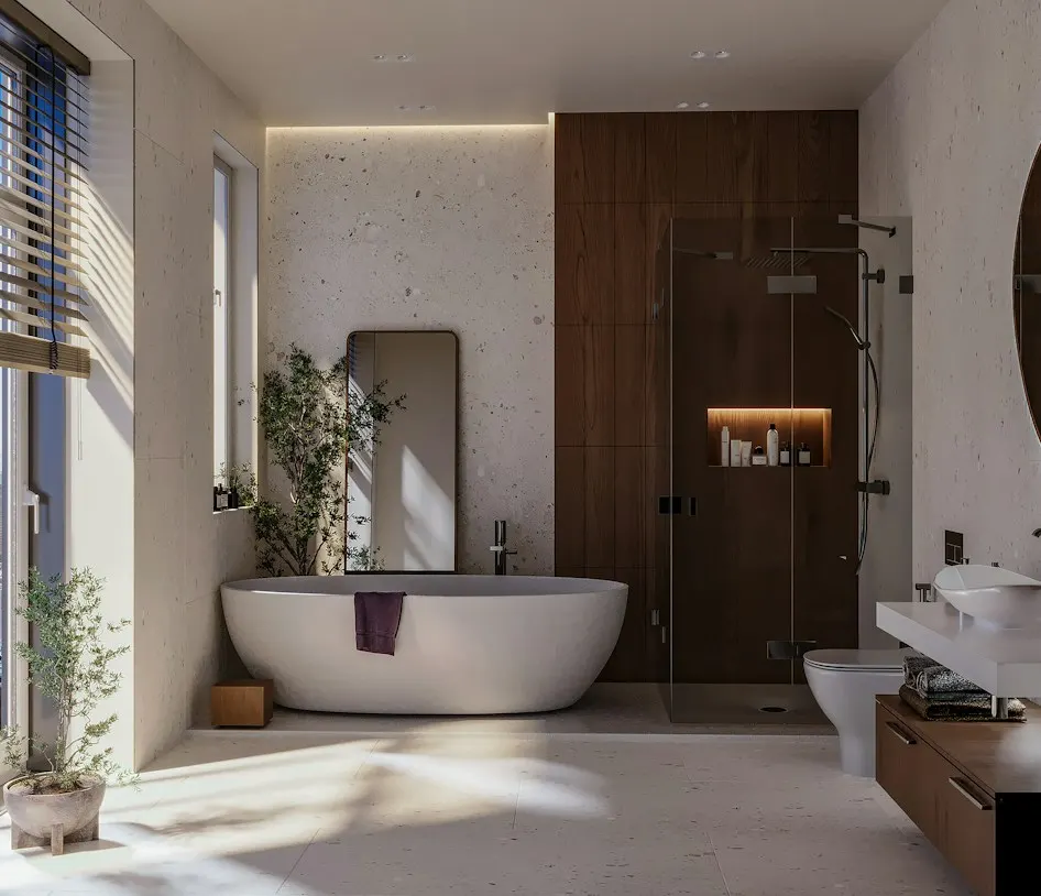 Helles Bad mit freistehender Badewanne und Dusche