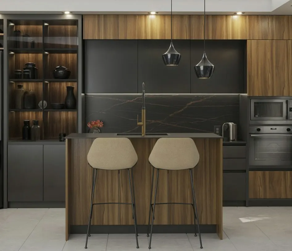 Moderne Einbauküche mit dunklen Fronten, Holz und Kochinsel