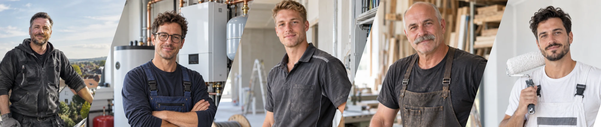 Fünf Handwerker aus verschiedenen Gewerken: Dachdecker, Heizungsbauer, Elektriker, Tischler und Maler