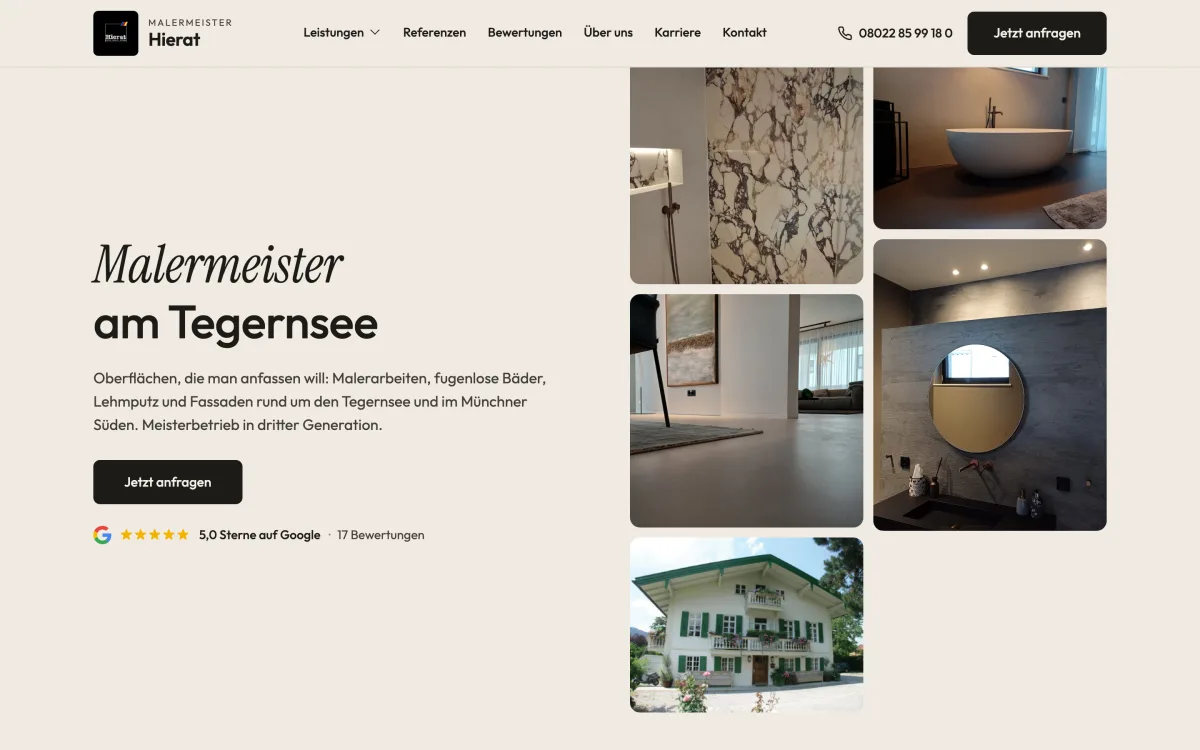 Startseite der neuen Website von Malermeister Hierat am Tegernsee: Überschrift, Anfrage-Knopf, Google-Bewertung und Fotos fertiger Oberflächen